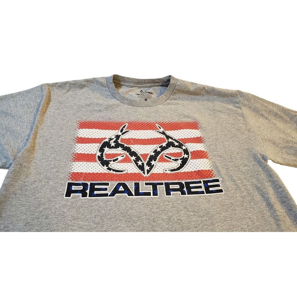 REALTREE Shirt Mens L Gray Short Sleeve Antlers Logo American Flag Hunting USA